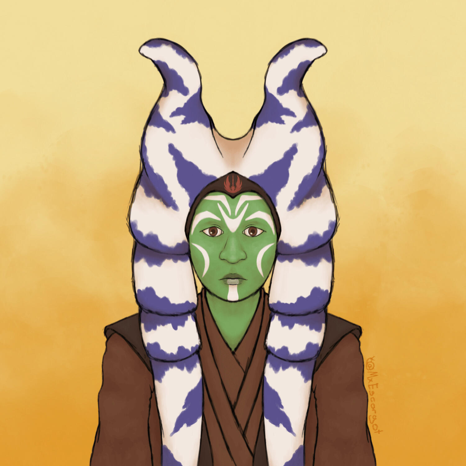 Image description: a digital portrait of an alien Jedi, Haalas. He has green skin with geometric white markings, as well as two outcurving white horns continuous with a pair of large, segmented white tentacles on either side of his face, both horns and ten
