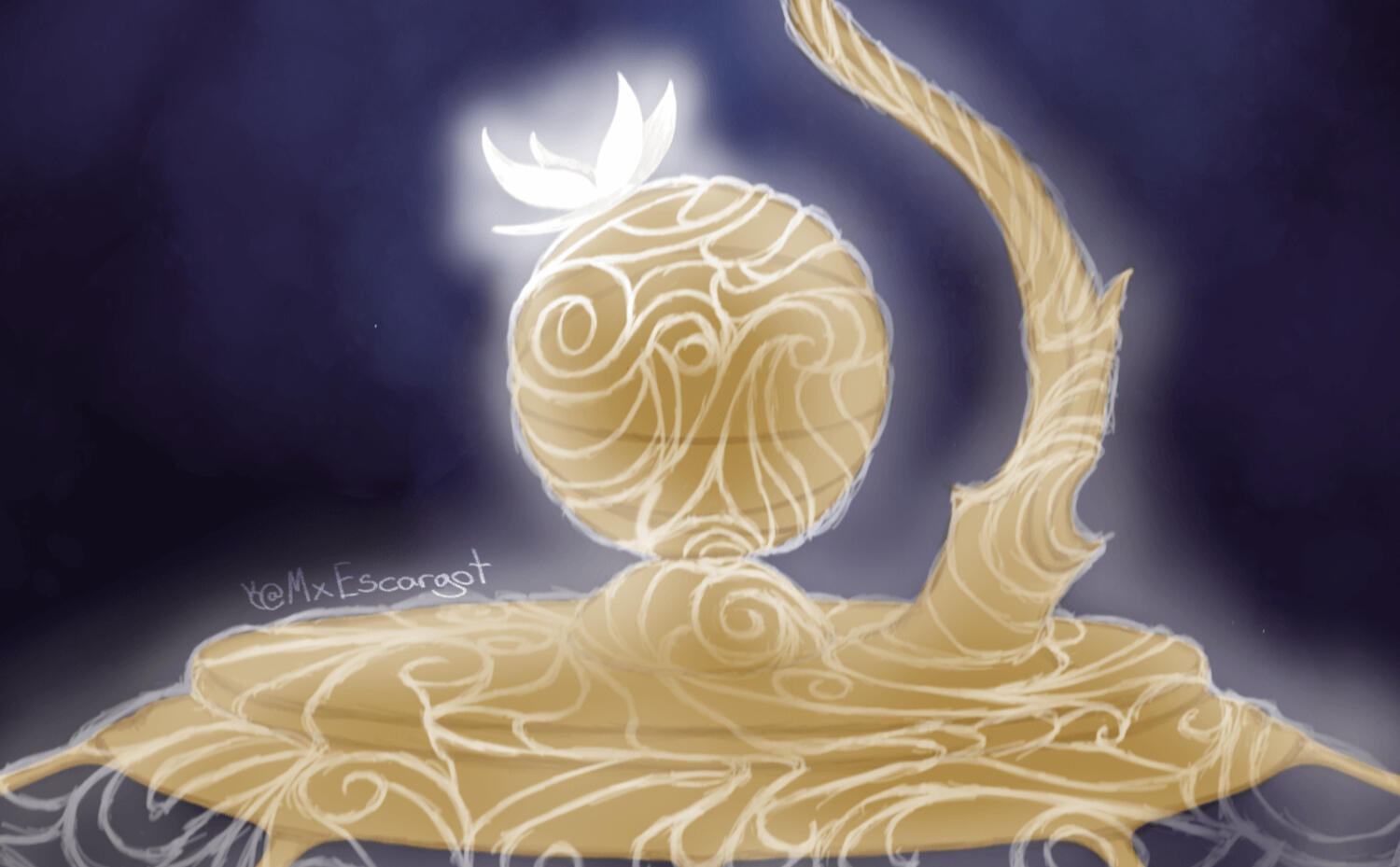 A digital drawing of a glowing white butterfly perched atop the spherical knob of a brass cage. Also atop the cage is a decorative horn to one side of the knob; the entire cage is coated in a translucent, glowing white filigree pattern that varies in opaci